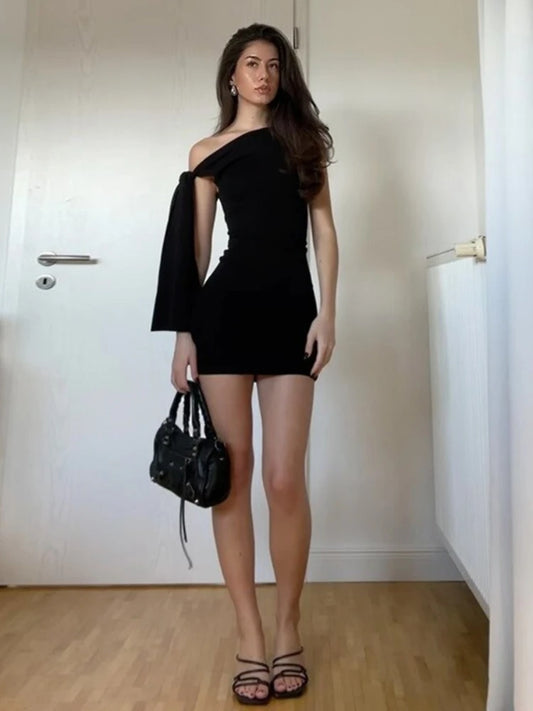 One Shoulder Bandage Black Mini Dress for Women