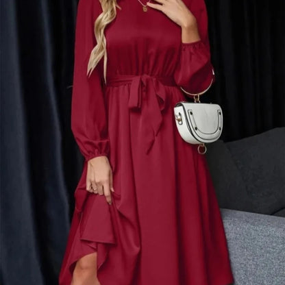 Lantern Sleeve Keyhole Back Lace-Up Dress