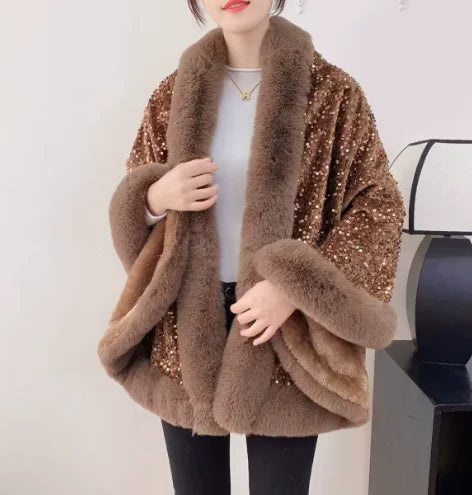 Women's Short Winter Jacket with Fur Collar and Sequin Shawl 2025