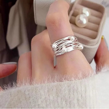Trendy 925 Sterling Silver Adjustable Pearl Ring for Women