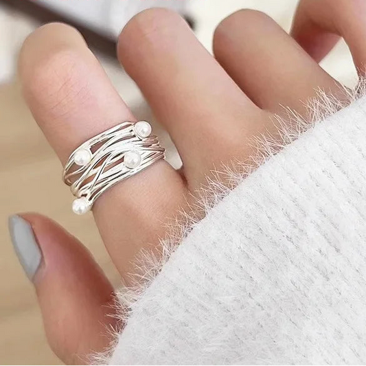 Trendy 925 Sterling Silver Adjustable Pearl Ring for Women