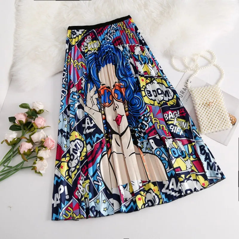 Women's Cartoon Print Pleated A-Line Skirt
