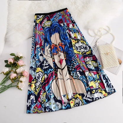 Women's Cartoon Print Pleated A-Line Skirt