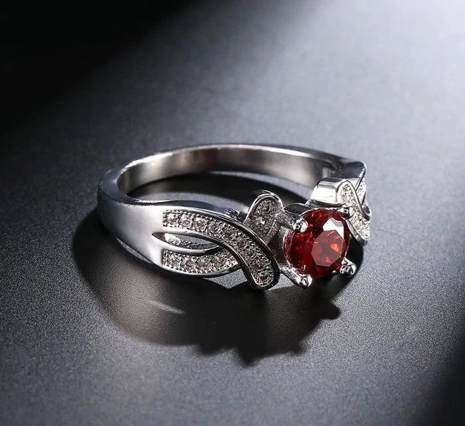Red Stone 925 Sterling Silver Crystal Engagement Ring for Women