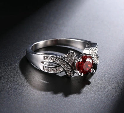 Red Stone 925 Sterling Silver Crystal Engagement Ring for Women