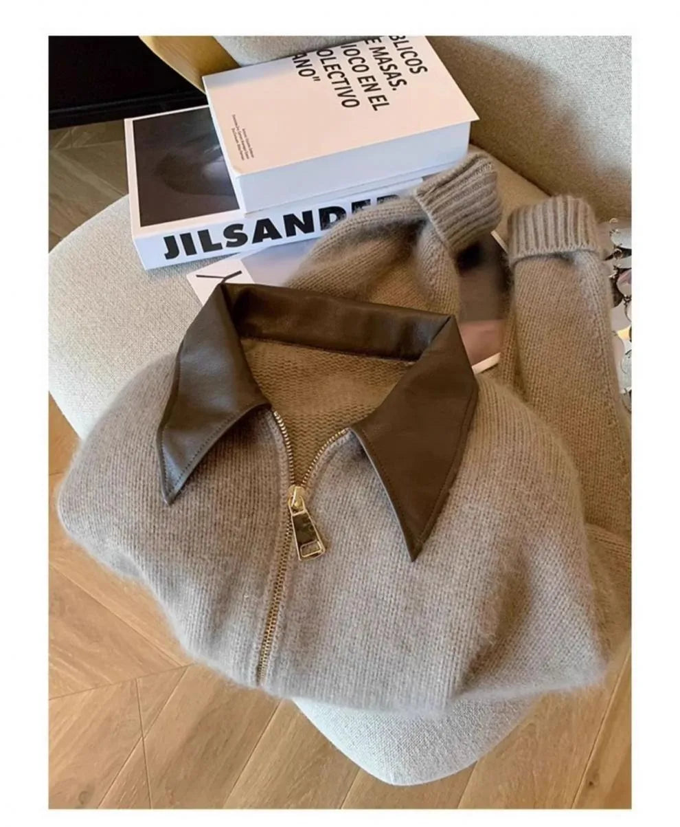 Polo Collar PU Spliced Knit Cardigan for Women