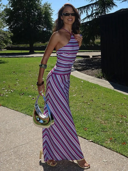 CLO005DJ
Women's Long Maxi Striped Dresses  Sexy Halter Neck Backless Lace-up  Vacation - Klixstore
