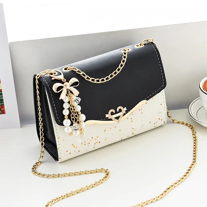 Korean Bow Sequin Shoulder Bag with Chain & Pendant