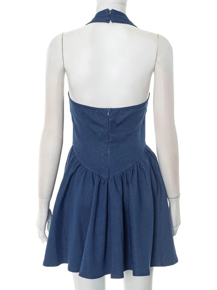 CLO068DJ
Woman Clothing Solid Blue Denim Short Holiday  Halter Neck Backless Tunics - Klixstore