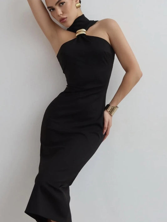 CLO037DJ
 Summer Sexy Turtleneck Sleeveless Black Party Dress Women Off Shoulder Sleeveless Bodycon Split Mid-calf Partu Prom Dresses - Klixstore