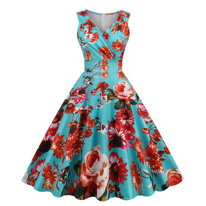 V Neck Floral A-line Pleated Sundress