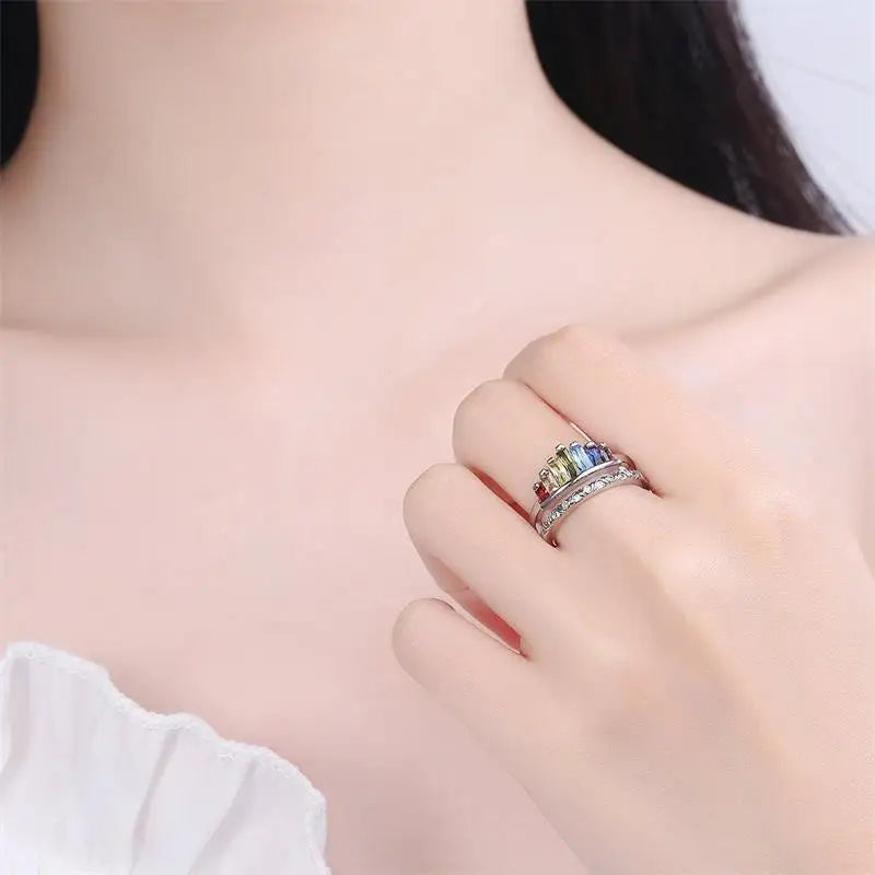 925 Sterling Silver Rainbow Zircon Adjustable Ring for Women