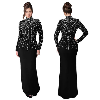 Elegant Glitter Pearl Bodycon Evening Maxi Dress