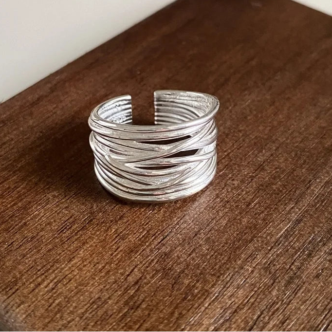 Genuine 925 Sterling Silver Irregular Adjustable Opening Ring for Women