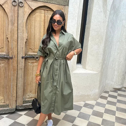 Lace Up Short Sleeve Shirt Dress